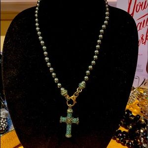 Beautiful pearl bead and crystal cross necklace